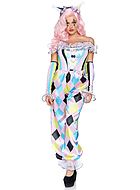 Clown, jumpsuit costume, ruffle trim, pom pom buttons, harlequin with stripes and diamonds